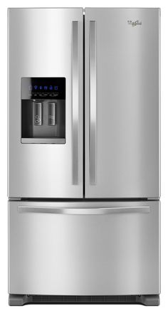 a stainless steel refrigerator with water dispenser and ice maker on the door