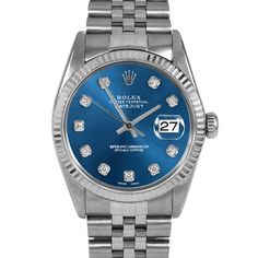 SKU#: 16014-BLU-DIA-AM-FLT-JBLPre-Owned Rolex 16014 Men's 36mm Datejust Watch, Custom Blue Diamond Dial & Rolex White Gold Fluted Bezel on Rolex Stainless Steel Jubilee Band Model#: 16014 Case: Rolex 36mm Stainless Steel Case Movement: Rolex Automatic 3035 Caliber Dial: Custom Blue Dial with Diamond Hour Markers (Not Made by Rolex) Bezel: Rolex White Gold Fluted Bezel Band: Rolex Stainless Steel Jubilee Band This Beautiful Watch Comes Fully Serviced, Polished, Time-Tested, Air/Water Pressure Tes Blue Diamond Chronometer Watch For Formal Occasions, Blue Diamond Watch With Subdials, Blue Diamond Watch With Round Subdials, Formal Blue Diamond Watch With Chronometer, Blue Chronograph Diamond Watch For Formal Occasions, Formal Blue Chronograph Diamond Watch, Blue Diamond Watch With Diamond Hour Markers, Classic Blue Watch Band With Date Indicator, Timeless Blue Diamond Watch With Chronometer