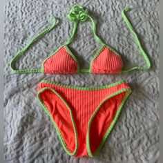 No Boundaries Bikini Set - Terry Cloth Material - Both Size S - Has Pads - Bottoms Are Pretty Full Coverage (Family Friendly) - Never Worn - Orange And Green Color Casual Fitted Orange Swimwear, Fitted Orange Swimwear For Beach Season, Fitted Orange Swimwear For Poolside, Fitted Orange Swimwear For Beachwear, Stretch Triangle Top Swimwear In Orange, Fitted Orange Beachwear Swimwear, Elastic 4-way Stretch Swimwear For Beach, Swimwear With Elastic Waistband And 4-way Stretch, 4-way Stretch Swimwear With Elastic Waistband