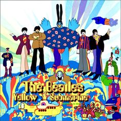 the beatles yellow submarine album cover with cartoon characters in front of an image of people