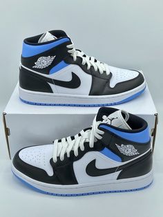 Air Jordan 1 Mid  White/Black-University Blue  Size 10.5 Women 9 Men  Style # BQ6472-102  NEW WITH BOX Pics of shoes and box in images 100% Authentic Air Jordan 1 Mid Womens, Nike Shoes Jordans Women's, Dark Blue Jordans, Dream Shoes Jordans, Blue And Black Jordans, Pic Of Shoes, Air Jordans Men, Black And Blue Shoes, Jordans For Women