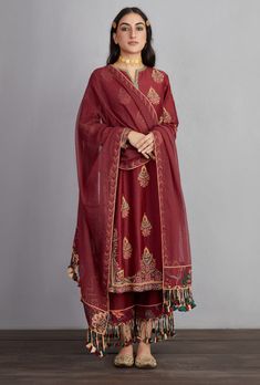 Torani-Garnet Red Sanobar Falgun Kurta Set-INDIASPOPUP.COM Indian Mythology, Red Kurta, Ethnic Suit, Garnet Red, Indian Textiles, Sharara Set, Beauty Dress, How To Hem Pants, Kurta Set