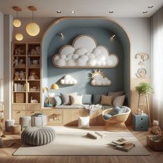 a child's room with blue walls and white clouds on the wall above it