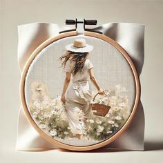 a woman with a straw hat is walking through flowers in a cross - stitch frame