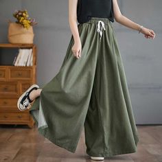 Sku CY-!126133 Material Polyester Fiber Style Wide Leg Feature Solid Color Neckline / Occasion Casual, Vintage Seasons Spring, Summer Type Pants Color Green, Black, Purple Size L, XL, 2XL, 3XL Size Chart: Please consult the size chart we provide for this item's measurements to help you decide which size to buy. Please note: There may be 1-3cm differ due to manual measurement. CM Waist Hip Length L 68 160 99 XL 73 166 100 2XL 78 172 101 3XL 83 178 102 Spring Green Loose Fit Wide Leg Pants, Spring Green Baggy Wide Leg Pants, Green Casual Pants With Elastic Waistband, Casual Green Pants With Elastic Waistband, Green Loose Wide Leg Cotton Pants, Green Baggy Wide Leg Cotton Pants, Casual Green Wide Leg Pants With Pockets, Green Casual Bottoms, Green Baggy Wide Leg Pants With Pockets