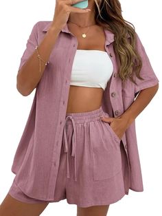 PRICES MAY VARY. Casual 2 piece outfits for women summer button down shirt drawstring shorts tracksuit set lounge workout sets There are many sizes of this summer shirts shorts set for women to choose: Samll, Medium, Large, X-Large,XX-Large; For baggy or tight fitting, please check the Size Chart and product description clearly before purchase it Loose fit button down short sleeve shirts top classic stand collar design, lightweight drawstring elastic waistband shorts with pockets. All design mak Shirt Knot, Drop Shoulder Shirt, Looks Black, Sleeves Clothing, Maxi Dress Formal, Elastic Waist Shorts, Color Shirt, Loose Shorts, Pants Length