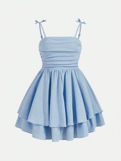 Teen Girl's Woven Solid Color Bubble Ruched Double Layer Skirt Hem Casual Suspenders Dress Baby Blue Casual  Sleeveless Woven Fabric Plain Cami Non-Stretch  Teen Girls Clothing, size features are:Bust: ,Length: ,Sleeve Length: Picture Day Dresses School, Light Blue Tube Dress, Cheap Amazon Dresses, Blue School Dance Dresses, Teen Winter Dresses, Cute Party Dresses Flowy Short, Cute Teen Formal Dresses, Blue Dress For School Dance, Northern Lights Theme Dress