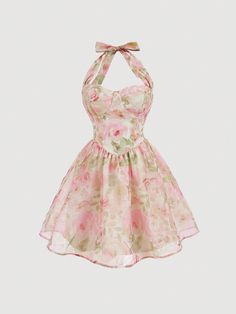 Multicolor Boho Collar Sleeveless Woven Fabric Floral,Plants,All Over Print Fit and Flare Embellished Non-Stretch  Women Clothing Cute Pink Dresses Short, Pink And Green Dress, Pink Flower Print, Vestidos Halter, Pink Flower Dress, Pink Dress Short, Rose Clothing, Cute Dress Outfits, Shein Outfits