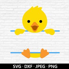 an image of a yellow duck on a white brick wall with the words svg dxf jpeg png