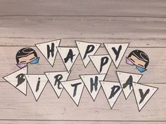 happy birthday bunting banner with woman's head and name on wooden planks