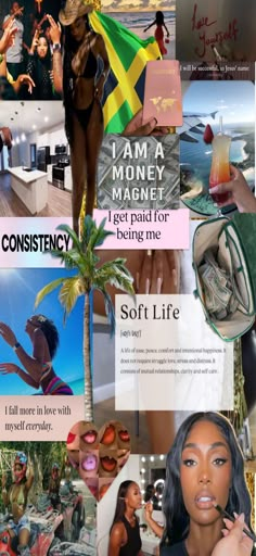 a collage of photos with different people and words on it that say i am money magnet, i get paid for being me soft life