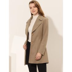 This elegant coat with pockets is a stylish yet practical addition to your winter wardrobe. This silhouette for a flattering finish, creates the perfect finishing touch for everyday outfits. The long solid color coat has an understated silhouette and a notched lapel, making for a timeless piece of outerwear. Layered over everything from smart-casual workwear to weekends, this coat will become a winter favorite. Paired well with a fitted blouse and wide-leg pants for an office-to-dinner look. The Classic Long Sleeve Khaki Wool Coat, Fall Wool Office Coat With Pockets, Fall Wool Coat For Office With Pockets, Solid Wool Coat With Buttons For Spring, Buttoned Wool Coat For Spring, Fall Office Wool Coat With Pockets, Classic Khaki Wool Coat With Long Sleeves, Workwear Outerwear With Notch Lapel And Button Cuffs, Notch Lapel Outerwear With Button Cuffs For Work