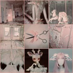 a collage of photos with dolls and scissors