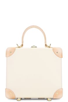 Find GLOBE-TROTTER Safari The London Square Bag 20x20x11cm In Cream on Editorialist. Globe-Trotter Safari The London Square Bag 20x20x11cm in Cream Vulcanized fiberboard case with nickel hardware and leather trims. Made in England. Hinge top with latch closure. One main compartment. Measures approx 8 W x 8 H x 4.3 D Top handle with a 3.5 drop Detachable and adjustable shoulder strap with a 22 drop. GLOB-MY9. GTSAFIN7MUS-2. About the designer: Globe-Trotter is a British Luxury Goods brand established in 1897. Founded by Englishman, David Nelken, in Saxony Germany, the company soon returned to the UK in 1901 where it has remained ever since. Quintessentially British, the brand stands for heritage and craftsmanship. Today, Globe-Trotter products are style icons adopted by purveyors of traditi Rectangular Cream Box Bag For Travel, Luxury Beige Briefcase With Top Handle, Luxury Beige Top Handle Briefcase, Classic Beige Briefcase With Detachable Handle, Cream Top Handle Bag With Palladium Hardware, Modern Cream Box Bag With Detachable Handle, Luxury Beige Box Bag With Top Carry Handle, Luxury Beige Box Bag With Detachable Strap, Beige Rectangular Box Bag With Gold-tone Hardware