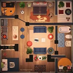 an overhead view of a living room and dining room from above, with furniture on the floor