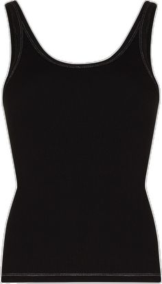 Fitted Sleeveless Tank Top With Contrast Trim, Black Sleeveless Tank Top With Ribbing, Black Sleeveless Tops With Contrast Trim, Stretch Sleeveless Top With Contrast Trim, Black Stretch Ribbed Tank Top, Fitted Black Ribbed Vest, Black Ribbed Scoop Neck Tank Top, Black Ribbed Cotton Tank Top, Black Cotton Scoop Neck Vest