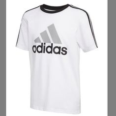 New With Tags Adidas White 'Adidas' Three-Stripe Logo Tee - Boys Size: M(10/12) Adidas Sporty T-shirt With Contrast Stripes, White Adidas Logo Sportswear Tops, White Sports T-shirt With Side Stripes, White Adidas Logo Top For Sports Season, White Adidas Logo Sports T-shirt, White Adidas Logo T-shirt For Sports, White Adidas Logo Top For Sports, White Adidas Tops For Sports Season, White Sports Tops With Side Stripes