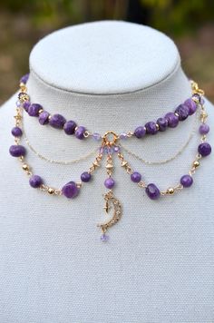 One of a kind dark purple Quartz healing choker necklace with a shiny gold moon center piece. Made with 14k gold elements that will last. Message me for custom sizing, we are size inclusive! Black And Purple Necklace, Chain Necklace With Beads, Moon Necklace Gold, Cottagecore Fairy, Fantasy Necklace, Necklace Moon, Gemstone Choker, Purple Quartz, Fairy Jewelry