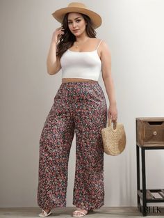 Ebeek - Womens Plus Size Bohemian Pants, Chic Ditsy Floral Print Elastic High Rise Wide Leg Trousers Bohemian Wide Leg Floral Pants For Spring, Casual Boho Print Pants, Floral Print Ankle-length Spring Bottoms, Spring Floral Print Ankle-length Bottoms, Ankle-length Floral Print Bottoms For Spring, Floral Print Beach Bottoms, Ankle-length Floral Print Spring Bottoms, Casual Boho Print Pants For Spring, Floral Print Ankle-length Bottoms For Summer