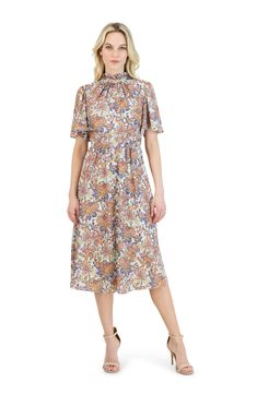 Made to bring a fit, flare, and elegant look, this classic mock neck midi dress is designed for any occasion, from attending church services to attending business seminars. Featuring a gorgeous display of multi-colored floral prints, this piece is complete with a ruffled mock neckline, flutter short sleeves, conceal back zip, and a full skirt Elegant Multicolor Midi Floral Dress, Multicolor Floral Print Knee-length Midi Dress, Multicolor Knee-length Midi Dress With Floral Print, Feminine Multicolor Knee-length Midi Dress, Formal Multicolor Floral Print Midi Dress, Elegant Multicolor Knee-length Midi Dress, Knee-length Floral Print Dress For Formal Events, Formal Multicolor A-line Midi Dress, Multicolor Knee-length Midi Dress For Work