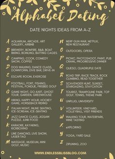 Date Ideas For Boyfriend, Alphabet Dating, Cute Date Ideas, Date Night Ideas, Date Ideas