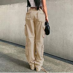 High Rise Baggy Straight Leg Cargo Pants Streetwear Casual Boyfriend Trousers With Pockets High Waist Beige Cargo Pants For Streetwear, Beige Parachute Pants With Pockets For Summer, High Waist Baggy Beige Cargo Pants, High-waist Baggy Beige Cargo Pants, Beige Baggy High Waist Cargo Pants, Beige High-waist Baggy Cargo Pants, Baggy Straight Cargo Jeans For Summer, Beige High Waist Casual Cargo Jeans, High Waist Beige Parachute Pants For Streetwear