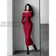 Hnewly Slash Neck Tight Long Skinny Hip Sleeve Maxi Sweater Dress Red Korean Fashion Tops Red / S Non-stretch Solid Color Winter Bodycon Dress, Winter Non-stretch Solid Color Bodycon Dress, Fitted Long Bodycon Dress For Winter, Long Bodycon Dress For Winter, Red Stretch Bodycon Dress For Winter, Red Stretch Bodycon Winter Dress, Red Non-stretch Winter Dress, Red Bodycon Dress For Winter Night Out, Red Stretch Bodycon Dress For Fall