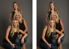 two women are sitting on a stool and one woman is holding an umbrella in her hand