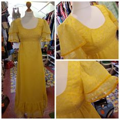 "Such a pretty dress💛 Prairie style vintage 70's maxi dress by CALIFORNIA made in England💛 Bright lemon yellow... double layered... feels like an acetate tye fabric base later with a chiffon top layer. The top layer has a delicate lemon and white ditsy tulip print. Deep scooped neckline. Fully lined. Double layered flounced short sleeves.. edged with lemon yellow velvet ribbon. Fitted bodice. A line maxi skirt and a double ruffle at hem to match in with the sleeves💛 Fabulous condition.. just Yellow Retro Maxi Dress For Spring, Vintage Yellow Floor-length Dress, Retro Yellow Maxi Dress For Spring, Retro Yellow Maxi Dress, Summer Floor-length Vintage Dress, Yellow Retro Maxi Dress, A Line Maxi Skirt, Yellow Floral Maxi Dress, Yellow Flower Print