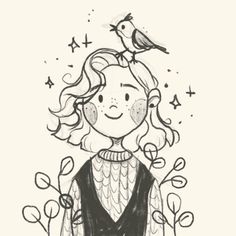 a drawing of a girl with birds on her head