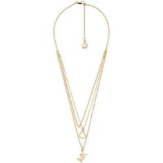 Michael Kors Multi Strand Necklace Goldtone Brass Approx 16”-18” Length Has Extender. Stand Has Two Other Strands Attached To Give The Appearance Of Three Strands. First Is Small Chain, Second Chain Has A Heart Charm With Logo Lastly The Longer Of Three Has “Mk” Logo Initials Charm. New With Tags In Gift Box With Care Booklet. Elegant Metal Necklace With Logo Charm, Elegant Gold-tone Necklace With Logo Charm, Michael Kors Necklace, Monogram Hearts, Slider Necklace, Double Chain Necklace, Horn Necklace, Michael Kors Jewelry, Mk Logo