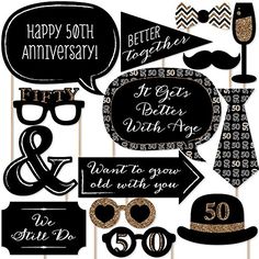 black and white photo booth props with the words happy fortyth anniversary written on them