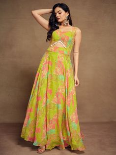 This beautiful gown comes in a lovely light green color with intricate digital print work, adding a touch of elegance and sophistication to your look.
Not only is it fully stitched and available in sizes XS to XXL for a perfect fit, but it is also versatile enough to be worn at events, functions, festivals, and any other special occasion. The georgette fabric is lightweight and flowing, adding a touch of grace to your ensemble.
This gown includes stunning digital printwork that adds a pop of col Engagement Gown, Lehenga Crop Top, Lehenga Choli Wedding, Floral Lehenga, Party Wear Lehenga Choli, Reception Gown, Party Wear Gown, Bollywood Lehenga, Cocktail Wear