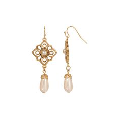 Accessorize in style with these 1928 Gold Tone Filigree Faux Pearl Drop Earrings. Accessorize in style with these 1928 Gold Tone Filigree Faux Pearl Drop Earrings. FEATURES Dimensions: 57 mm x 22 mm Backings: fishhook Nickel safe Metal: alloy Material: acrylic Plating: gold tone Finish: polished Not appropriate for children 14 years old and younger. Size: One Size. Color: White. Pearl Drop Earrings, Pearl Drop, Faux Pearl, Gender Female, Jewelry Earrings Dangle, In Style, Gold Jewelry, Age Group, Gold Tones