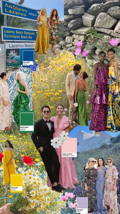 the collage shows many different types of people in dresses and hats, with flowers on them