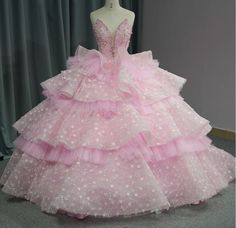 Layered Ruffles Beaded Quinceanera Sweet 16 Ball Gown Sweet 16 Ball Gown, Sweet 16 Ball, Quinceanera Gowns, Shoulder Length Veil, Xv Dresses, Candyland Theme, Quinceañera Dresses, Bday Shoot, Light Aesthetic