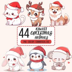 four christmas animals with hats and scarfs on their heads, all in different poses