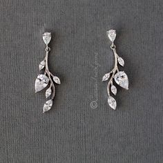 Vine CZ Bridal Earrings Clip-On - Cassandra Lynne Modern Wedding Earrings Bridal, Simple Wedding Earrings Silver, Bride Items, Country Wedding Jewelry, Wedding Day Earrings, Vine Earrings, Formal Necklace, Wedding Glam, Twilight Edward