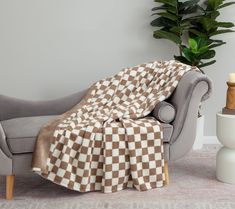 a couch covered with a checkered blanket next to a potted plant