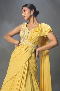 Shop for Isha Gupta Tayal Yellow Silk Pre-stitched Lehenga Saree With Blouse for Women Online at Aza Fashions Isha Gupta, Ruffle Dupatta, Daffodil Yellow, Yellow Lehenga, Stitched Lehenga, Ruffle Saree, Yellow Silk, Unique Blouse, Lehenga Saree