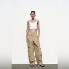 -Taupe Brown -Unworn -New With Tags Beige Wide Leg Summer Pants With Cargo Pockets, Beige Cargo Style Pants For Spring, Beige Cargo Pocket Ankle-length Pants, Beige Cargo Ankle-length Pants, Summer Beige Wide Leg Cargo Pants, Summer Beige Wide Leg Pants With Cargo Pockets, Spring Beige Cargo Pants, Beige Cargo Long Pants, Beige Cargo Style Long Pants