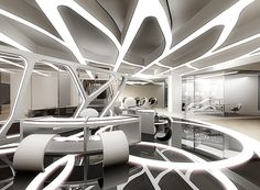 the interior of a futuristic office building with white and black decor on the walls, windows, and flooring