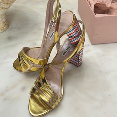 Worn Once In Great Condition Very Rare Shoe Sz 42 Miu Miu Sandals, Rare Shoes, Miu Miu Shoes, Very Rare, Miu Miu, Women Shoes, Sandals, Women Shopping, Gold