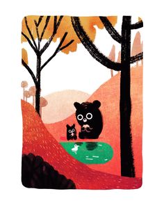 an image of a bear and her cub in the woods with autumn trees around them