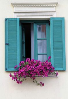 a window with blue shutters and pink flowers