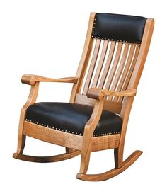 a wooden rocking chair with black leather upholstered seat and armrests on an isolated white background