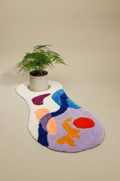 a potted plant sitting on top of a colorful rug next to a small tree