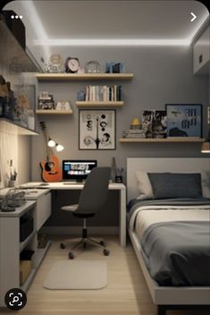 a small bedroom with a bed, desk and computer