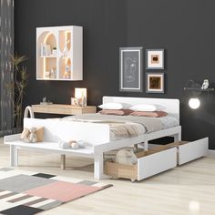 Wooden Full Size Platform Bed With Footboard Bench and 2 Drawers Footboard Bench, Compact Bedroom, Minimalist Bed Frame, Bed With Footboard, Studio Bed, Full Size Platform Bed, Wood Platform Bed Frame, Wooden Platform Bed, Full Platform Bed