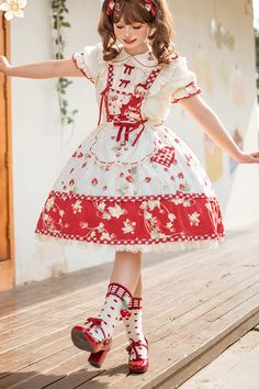 Fabric: Cotton Color: Red/White Feature: Print, Ruffle Style: Sweet Include: Dress*1 (Any of the accessory is not included.) Size (IN) Waist Length XS 24.41-26 White Kawaii Dress With Lace Trim, Cute White Dress With Strawberry Print, Cute Red Dress For Garden Party, Red Strawberry Print Party Dress, White Sweet Doll Collar Dress, White Sweet Dress With Doll Collar, Sweet White Dress With Doll Collar, Sweet Red Sleeveless Dress, Sweet Doll Collar Dress For Garden Party